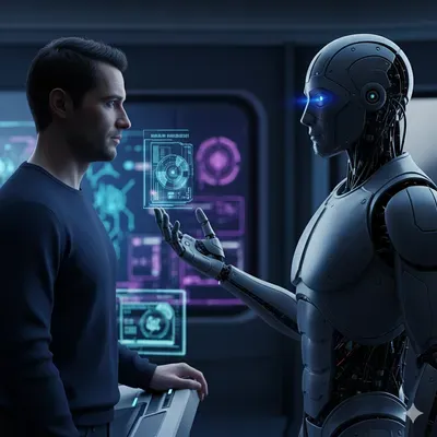 Una persona e un robot antropomorfo si fronteggiano tra interfacce olografiche