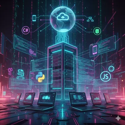 Server, laptop e icone dei linguaggi C#, Python e JavaScript in stile neon