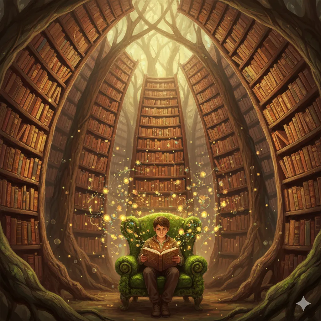 Immagine generata con Gemini Flash che mostra una biblioteca antica e gigantesca con scaffali di radici di alberi viventi e un giovane lettore illuminato da lucciole.