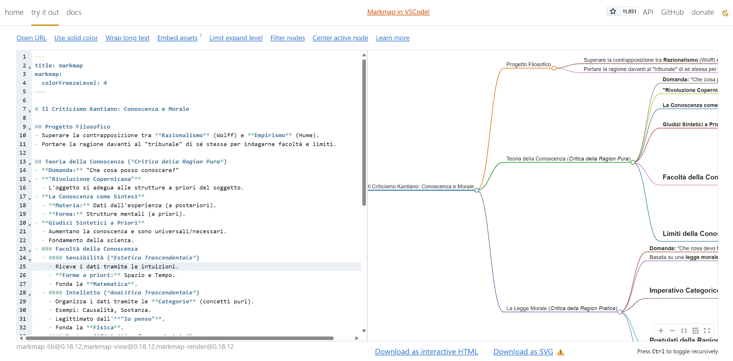 Interfaccia di Markmap con la mappa di Kant