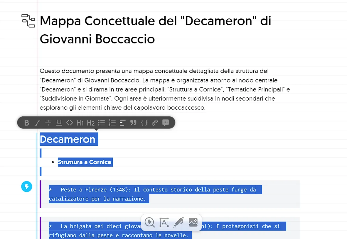 Selezione del testo da cui ottenere la mappa su Napkin