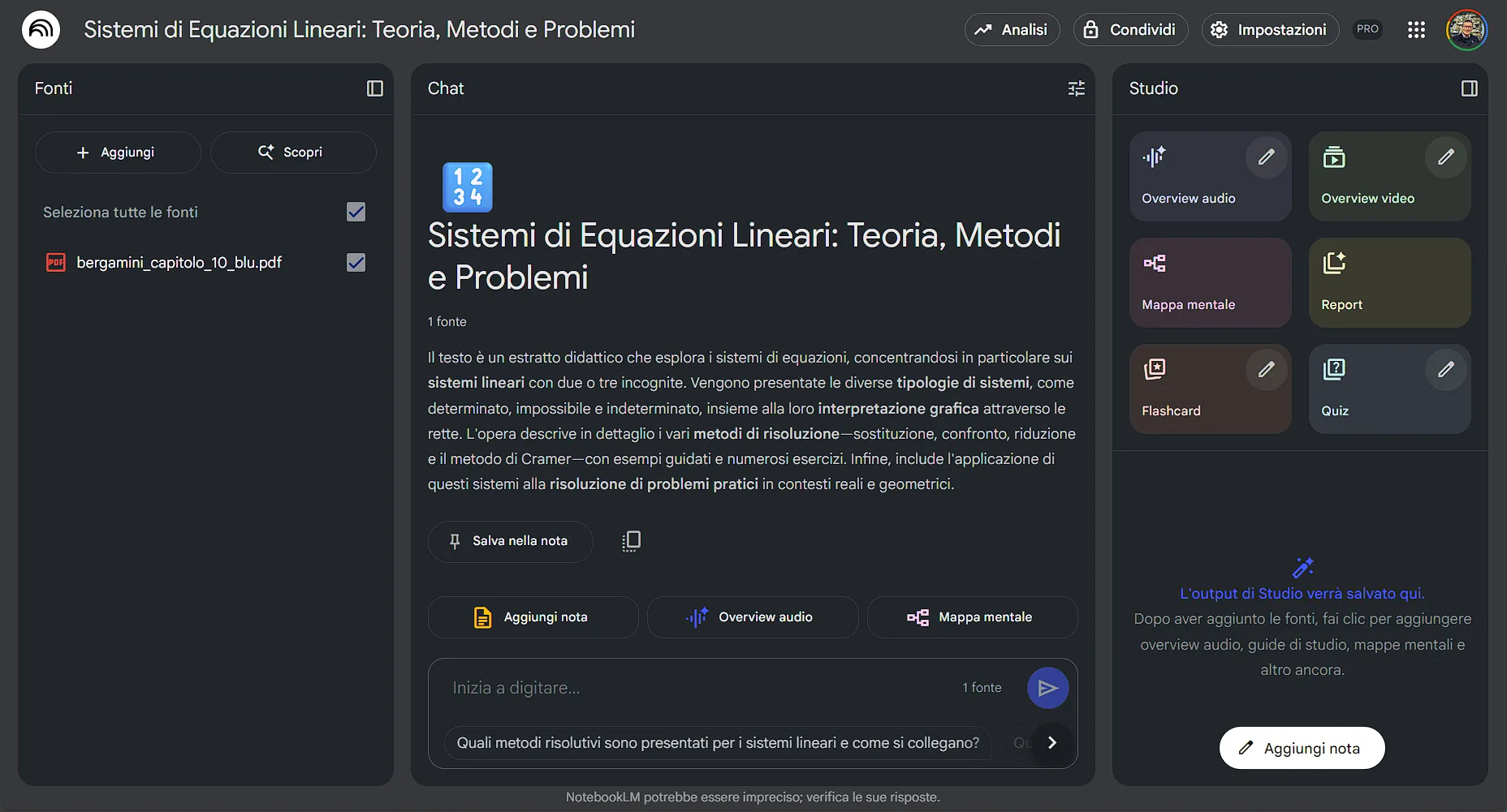 Un esempio di come si presenta NotebookLM