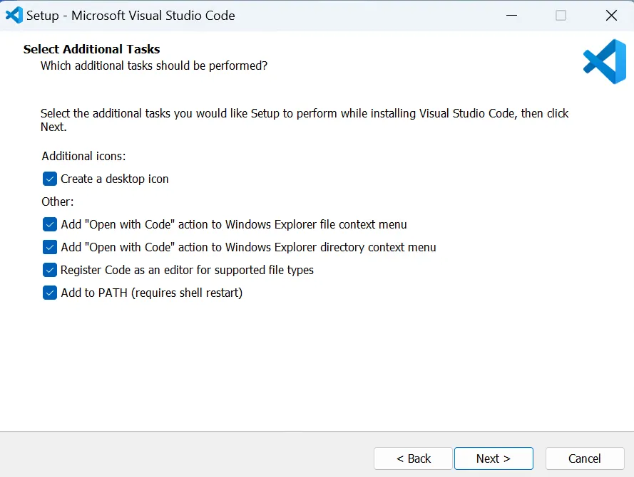 Schermata Installer VS Code